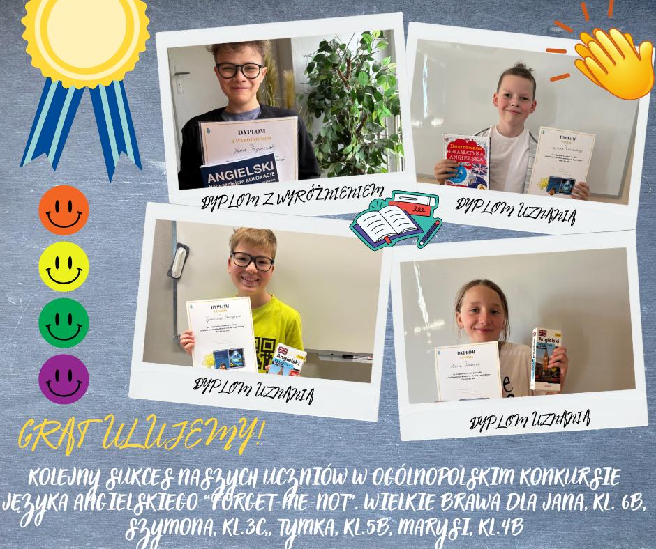Grafika z zdjęciami dziećmi wraz z dyplomami i nagrodami