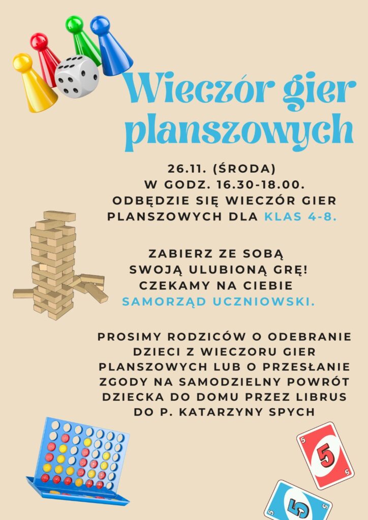 Plakat informujący o wieczorze gier planszowych dla uczniów klas 4-8