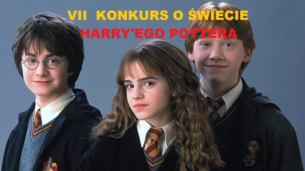 Napis na granatowym tle VII konkurs o świecie Harrego Pottera a na środku trzy postacie Harry, Ron i Hermiona.