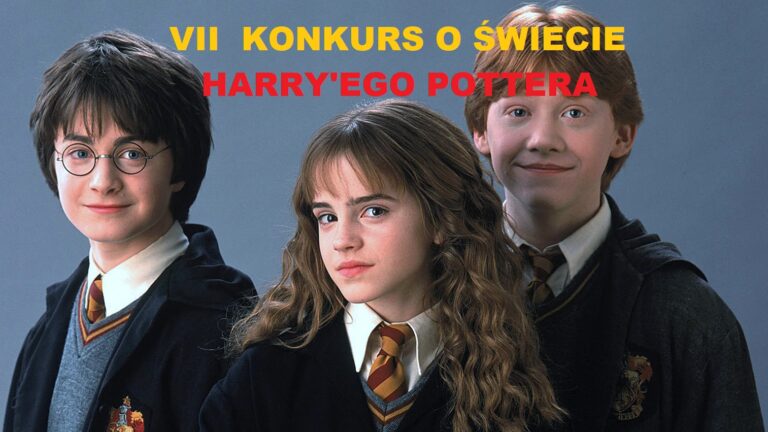 Napis na granatowym tle VII konkurs o świecie Harrego Pottera a na środku trzy postacie Harry, Ron i Hermiona.
