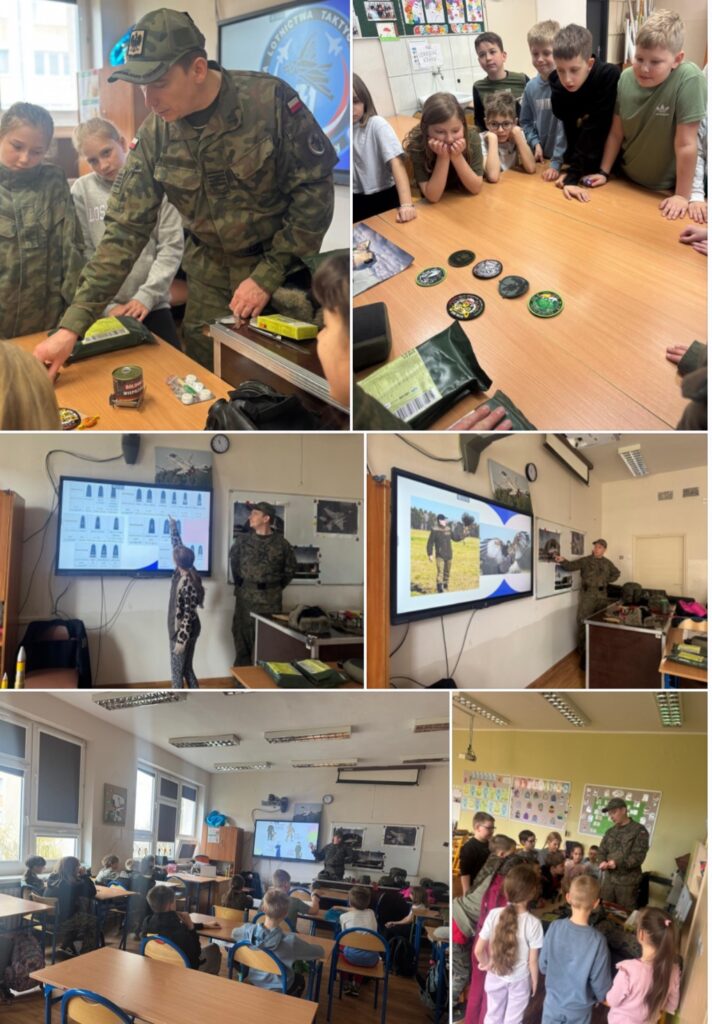 Sprzęt wojskowy leżący na ławce, uczniwoie oglądający sprzęt wojskowy i słuchający tłumaczenia wojskowego.